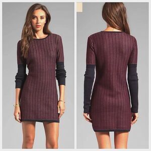 Derek Lam 10 Crosby Mini Sweater Dress Womens Sz M Wine Navy Stripe Long Sleeve